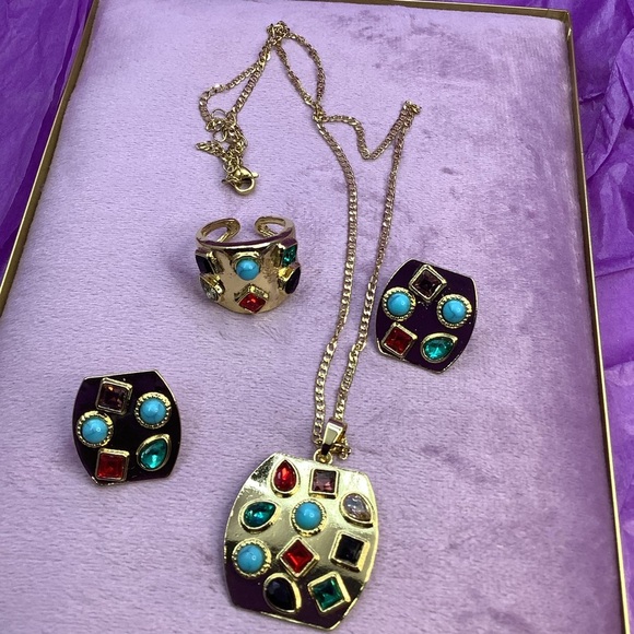 Etruscan Bold Gold Multicolor Gemstone Jewelry Set - Picture 2 of 5